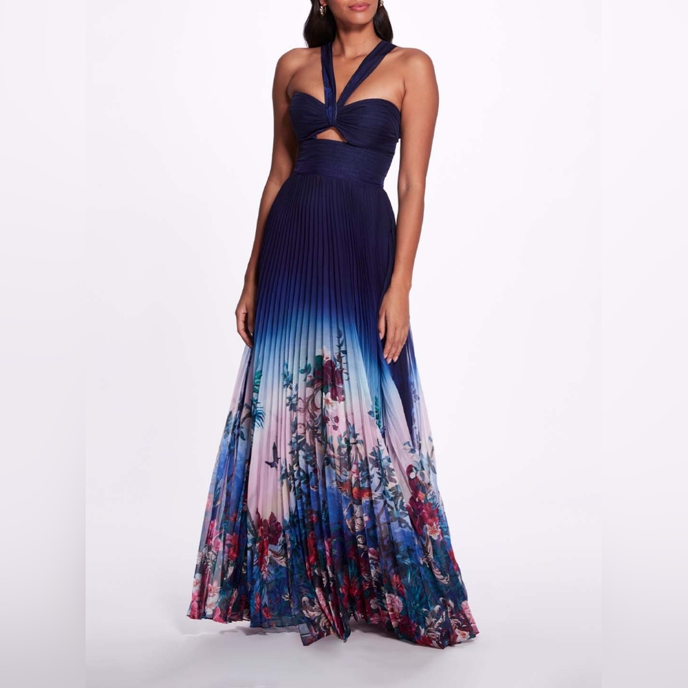 ✨️Marchesa Notte Ombre Floral Halter Pleated Gown in Navy NWT 12 ✨️
